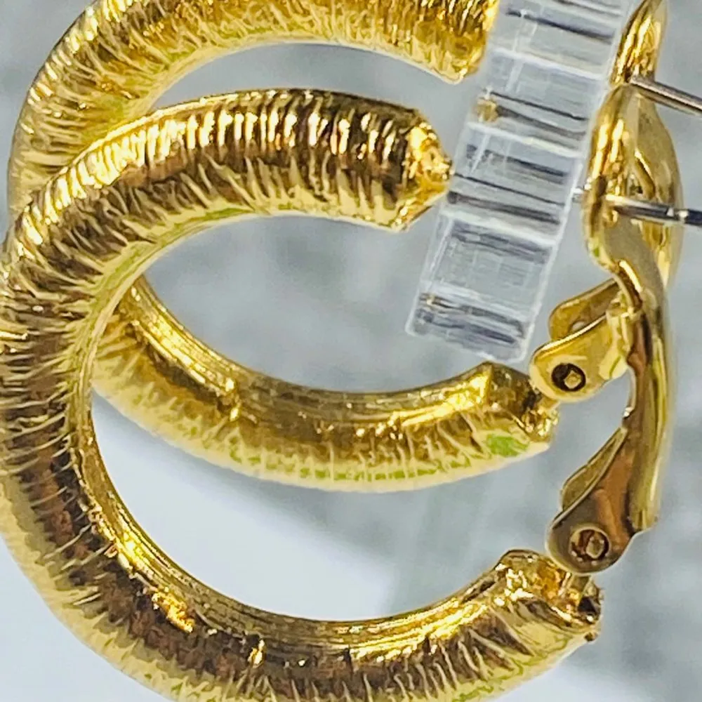 Hoop Earrings Gold Tone Round Womens Textured Omega Backs Shiny Fashion Style - Image 9