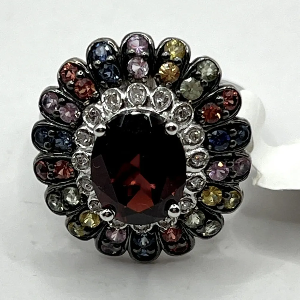 Cocktail Ring Faceted Red Quartz Multi Gemstone Flower Ring Signed FP Sz 6 VTG - Image 6