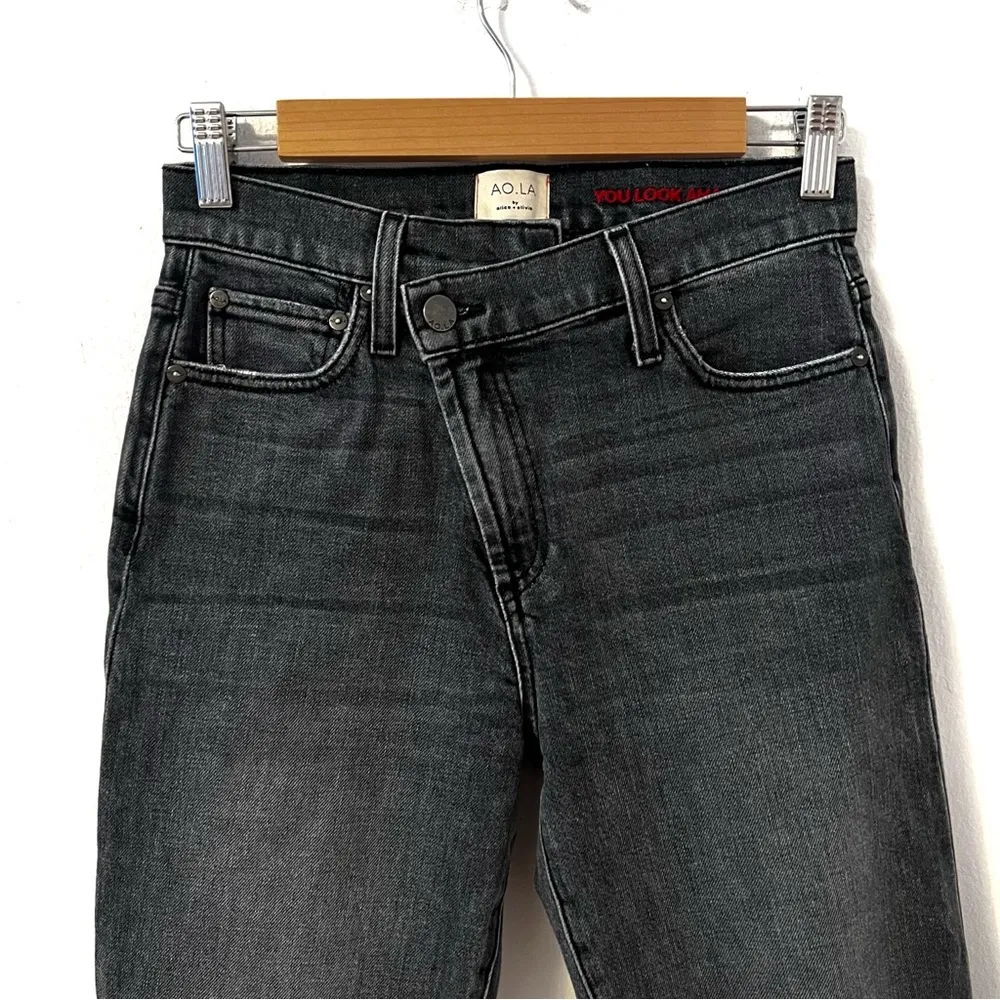 Alice + Olivia Dark Amazing Asymmetrical Slim Straight Night Walk Raw Hem Jeans - Image 4