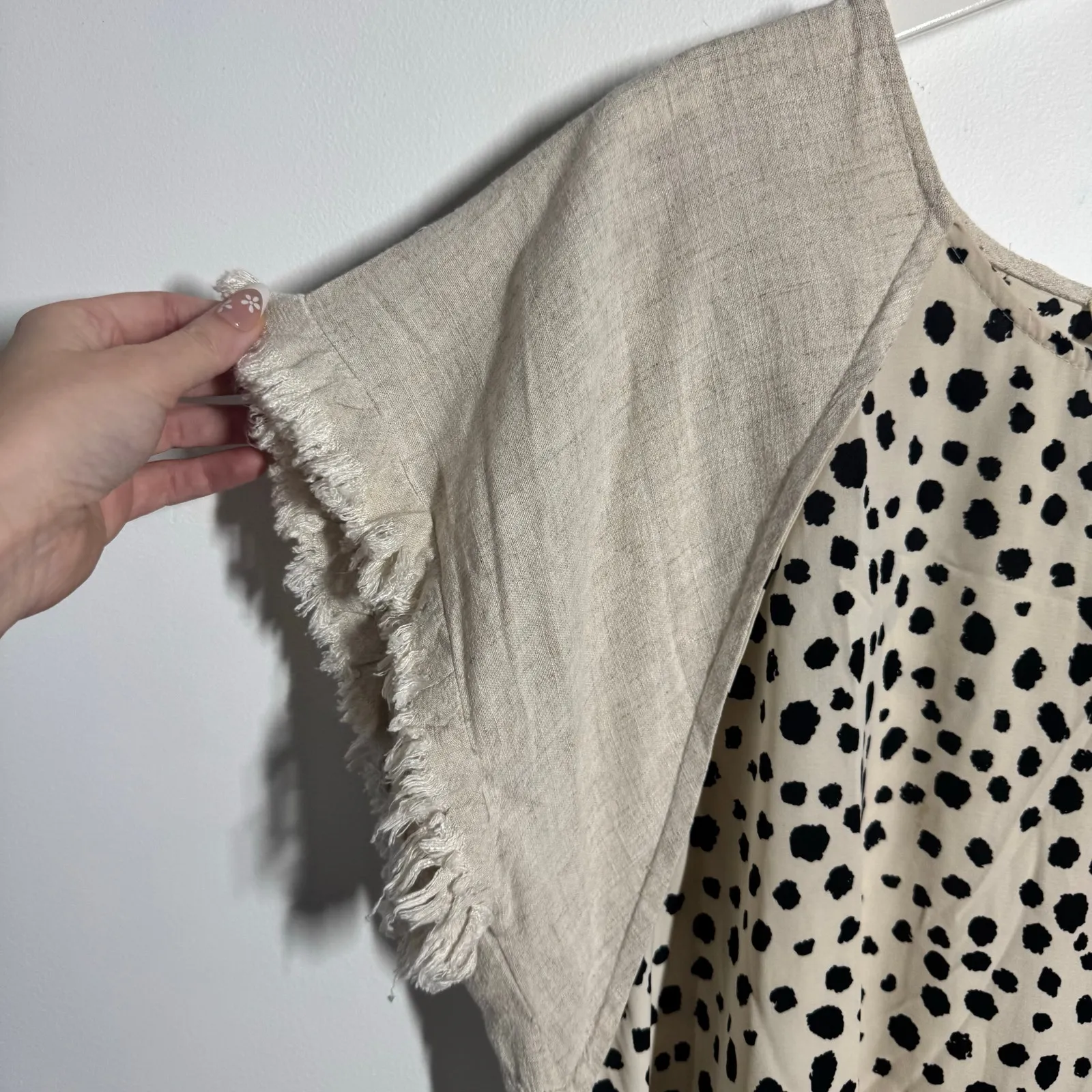 UMGEE Coastal Boho Tunic Top Women XL Cream Frayed Hem Leopard High Low Linen - Image 7