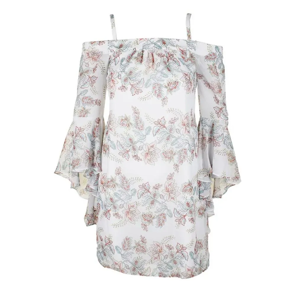 Kensie White Floral Print Off the Shoulder Long Bell Sleeve Shift Mini Dress 6 - Image 2