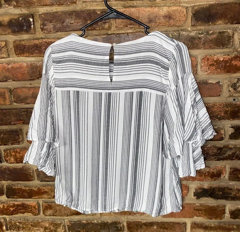 Ann Taylor LOFT Gray White Striped Black Floral Embroidered Blouse Women's XXS - Image 5