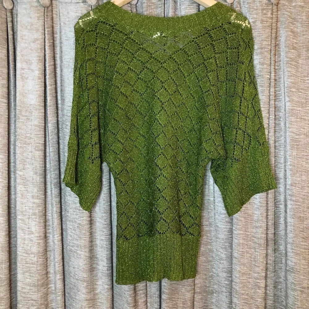 Cache Green Metallic Dolman Sleeve Open Crochet Knit Banded Bottom Top Size XS - Image 7