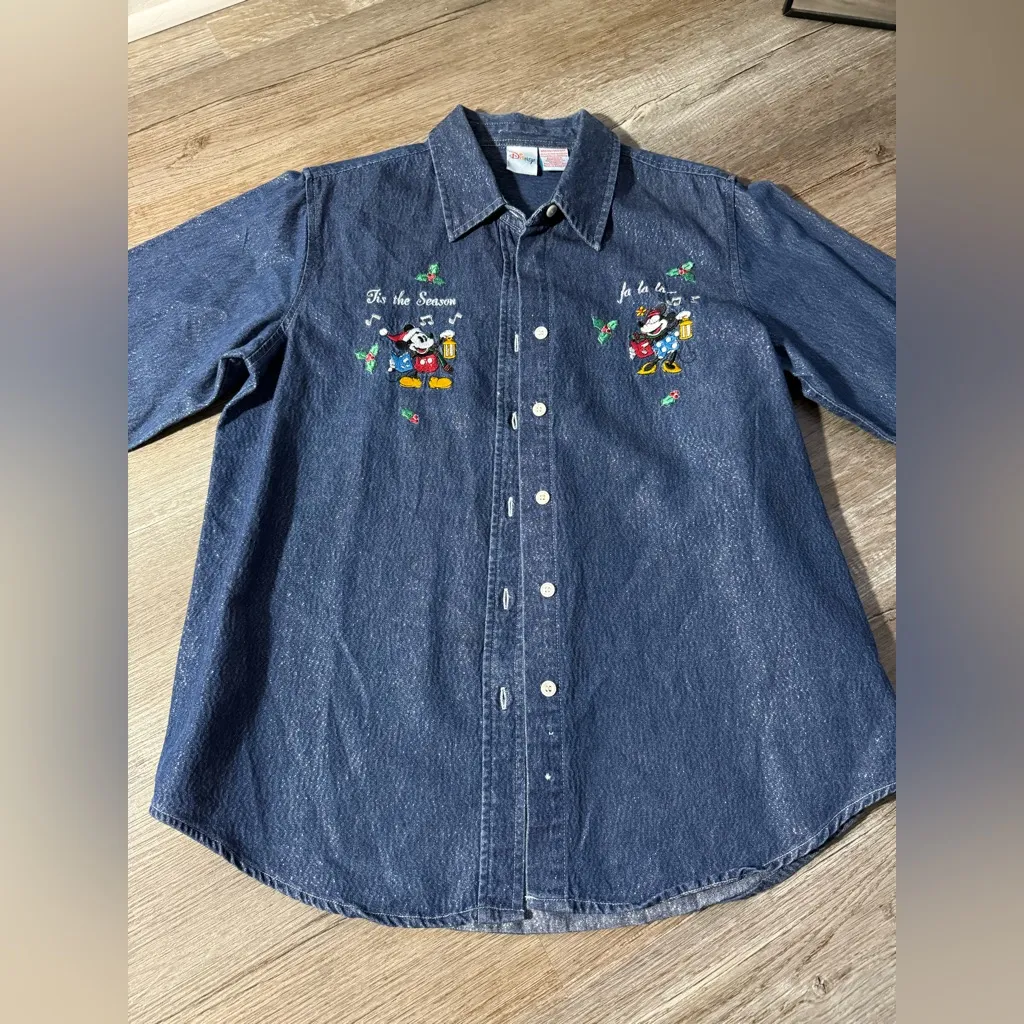 Disney Mickey Denim Sparkle Tis The Season Christmas Button Up Shirt Blue Size M - Image 4