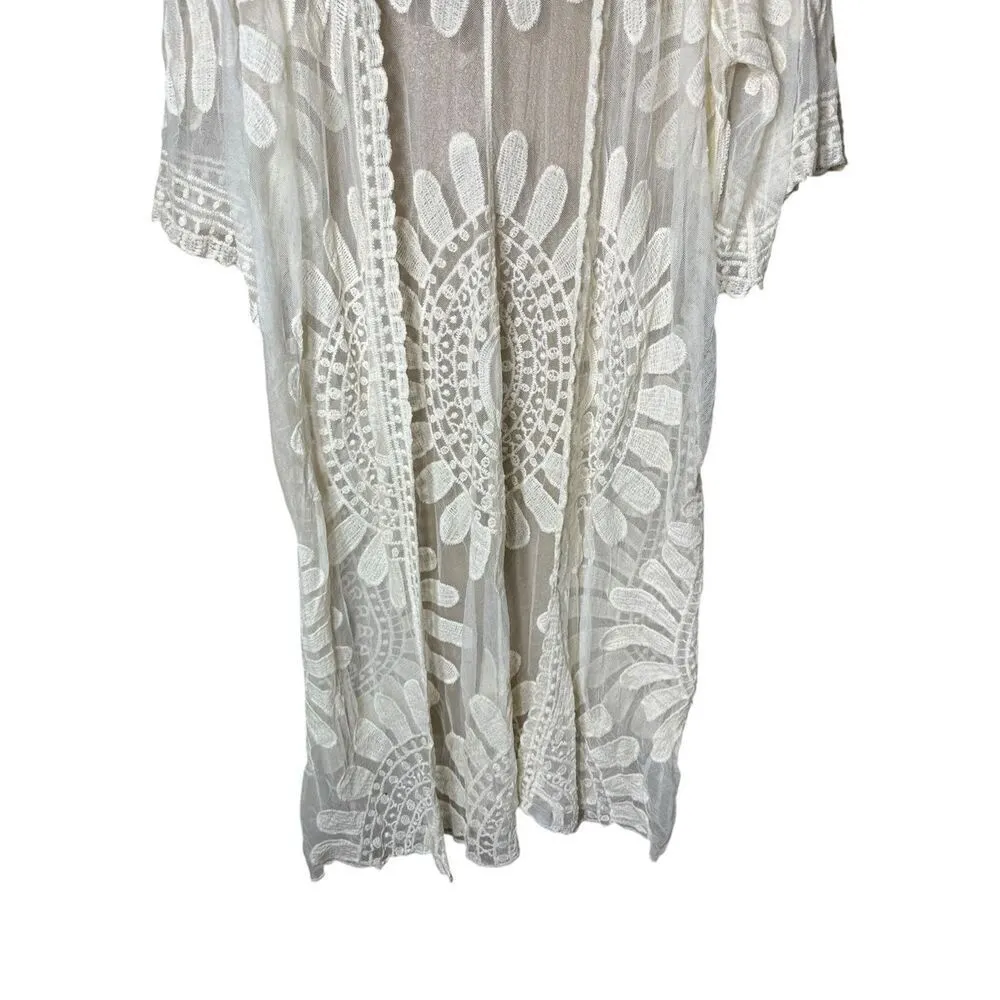 Lace Floral Duster Robe Beach Cover Festival Kimono Boho Cardigan Sheer One Size White Size undefined - Image 3