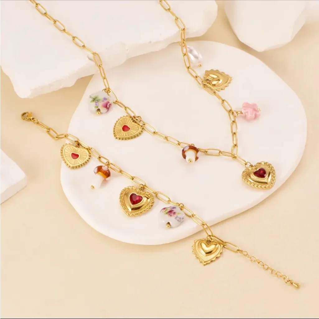 Heart Necklace and Bracelet Set with charms Gold - Image 2