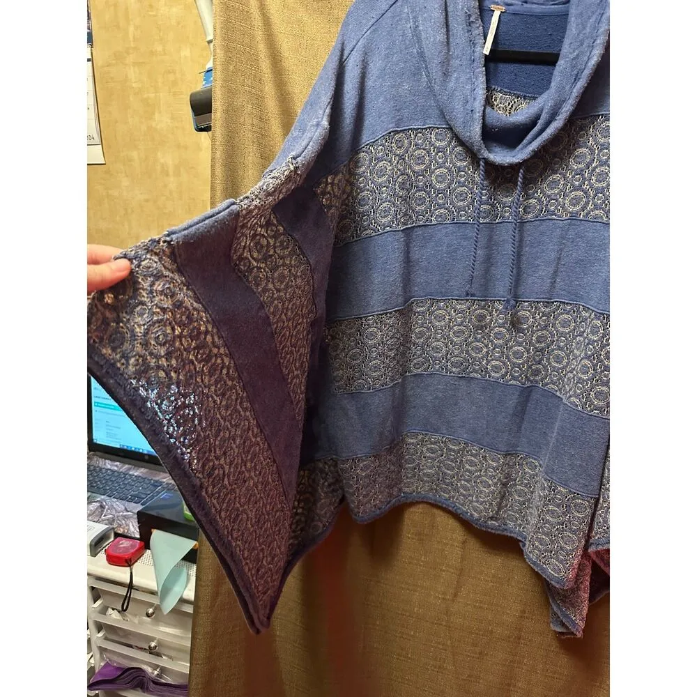 NWT Free People Crochet-Lace French Terry Poncho Distressed Size Medium Blue - Image 5