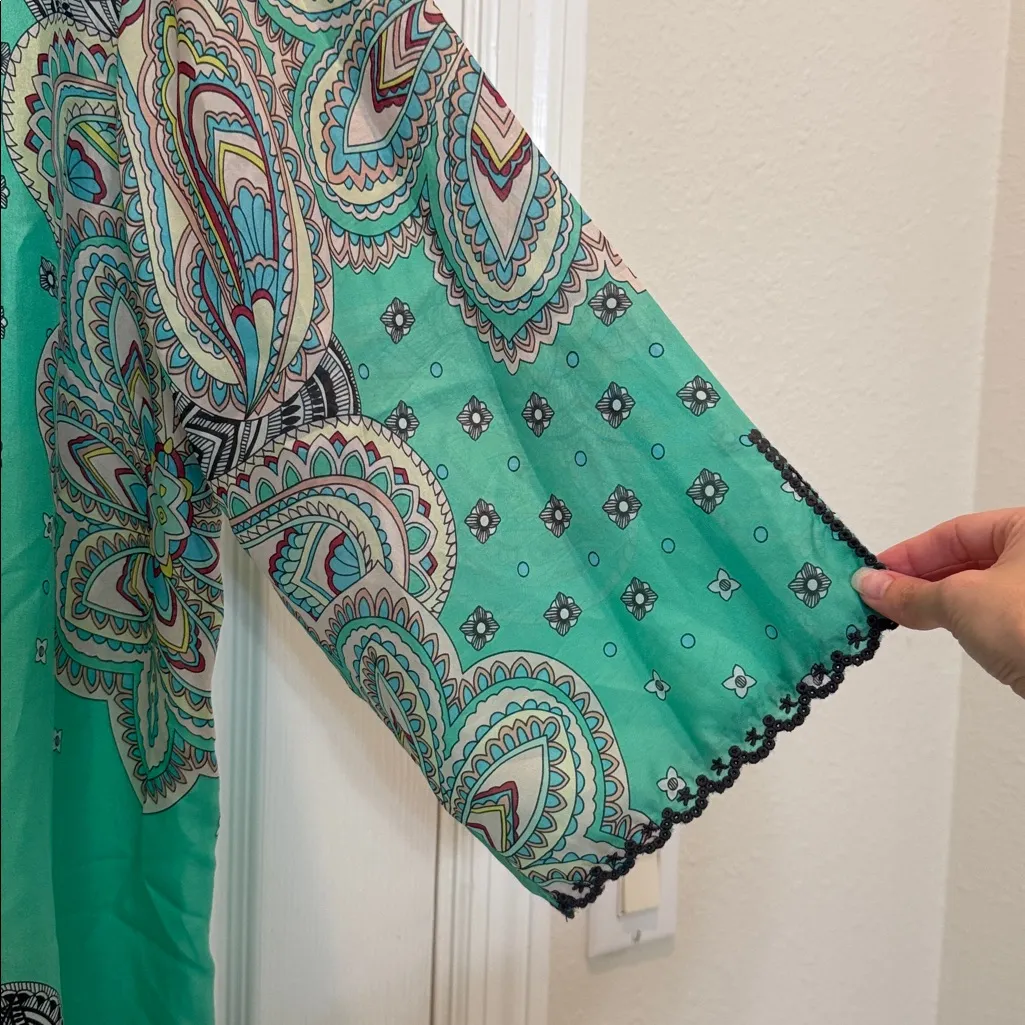 Johnny Was Green Silk Printed Tunic Blouse Size XXL - Image 9