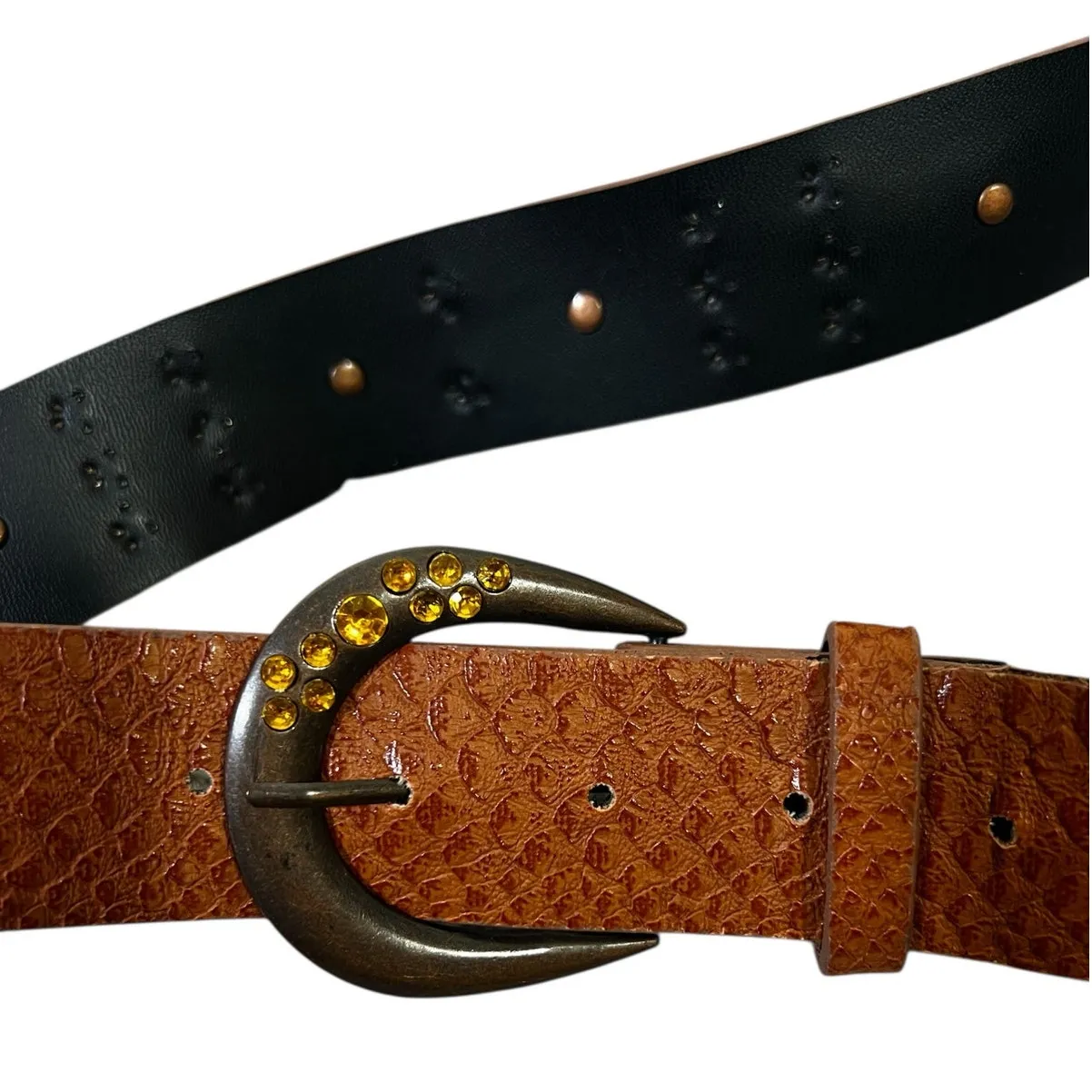 Brown Studded Yellow Rhinestone Faux Croc Leather Belt Size 12 Western Earthy - Image 3