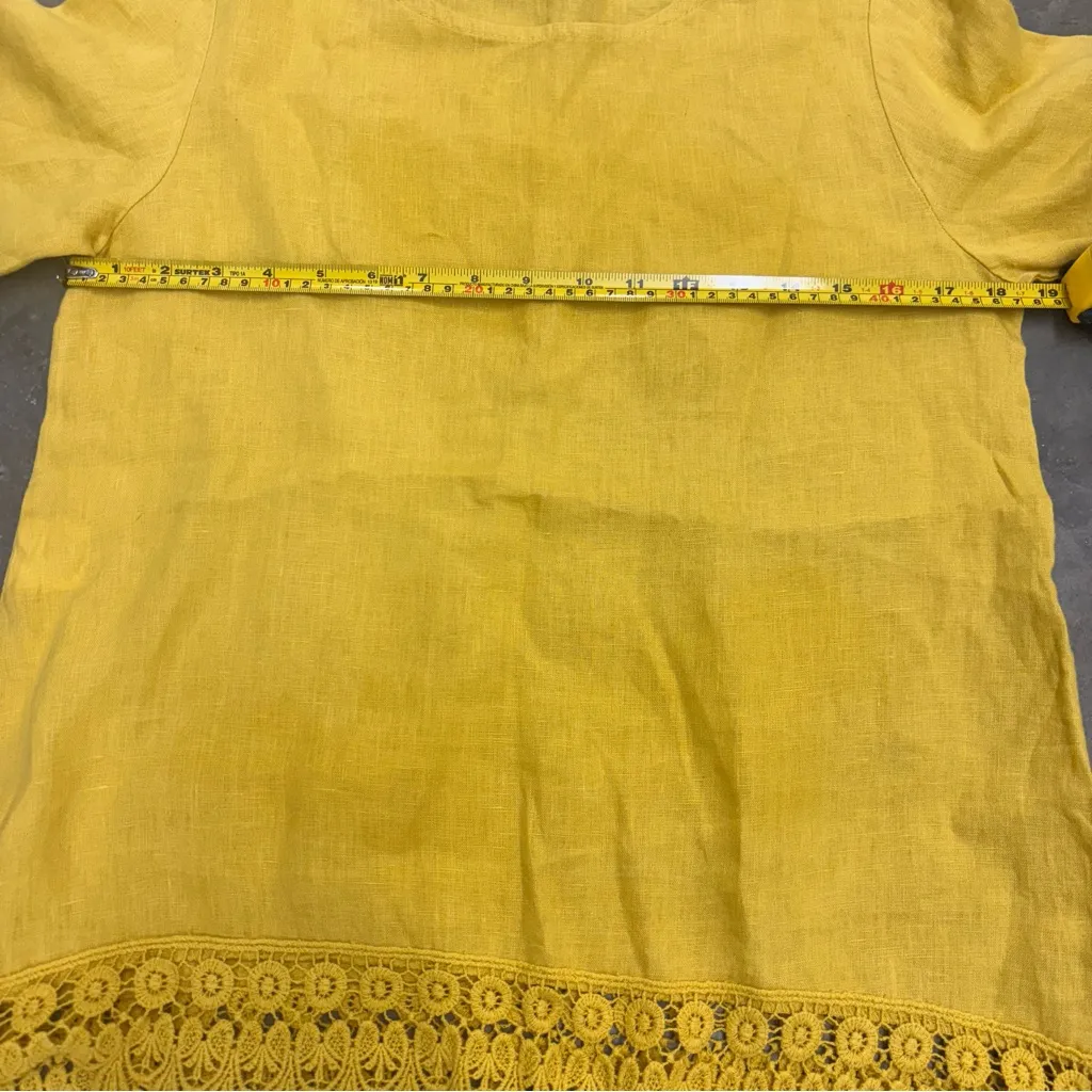 Terzo Millennio 100%Linen Crochet Lace Hem Blouse Lagenlook Top Italy Mustard S Yellow - Image 6