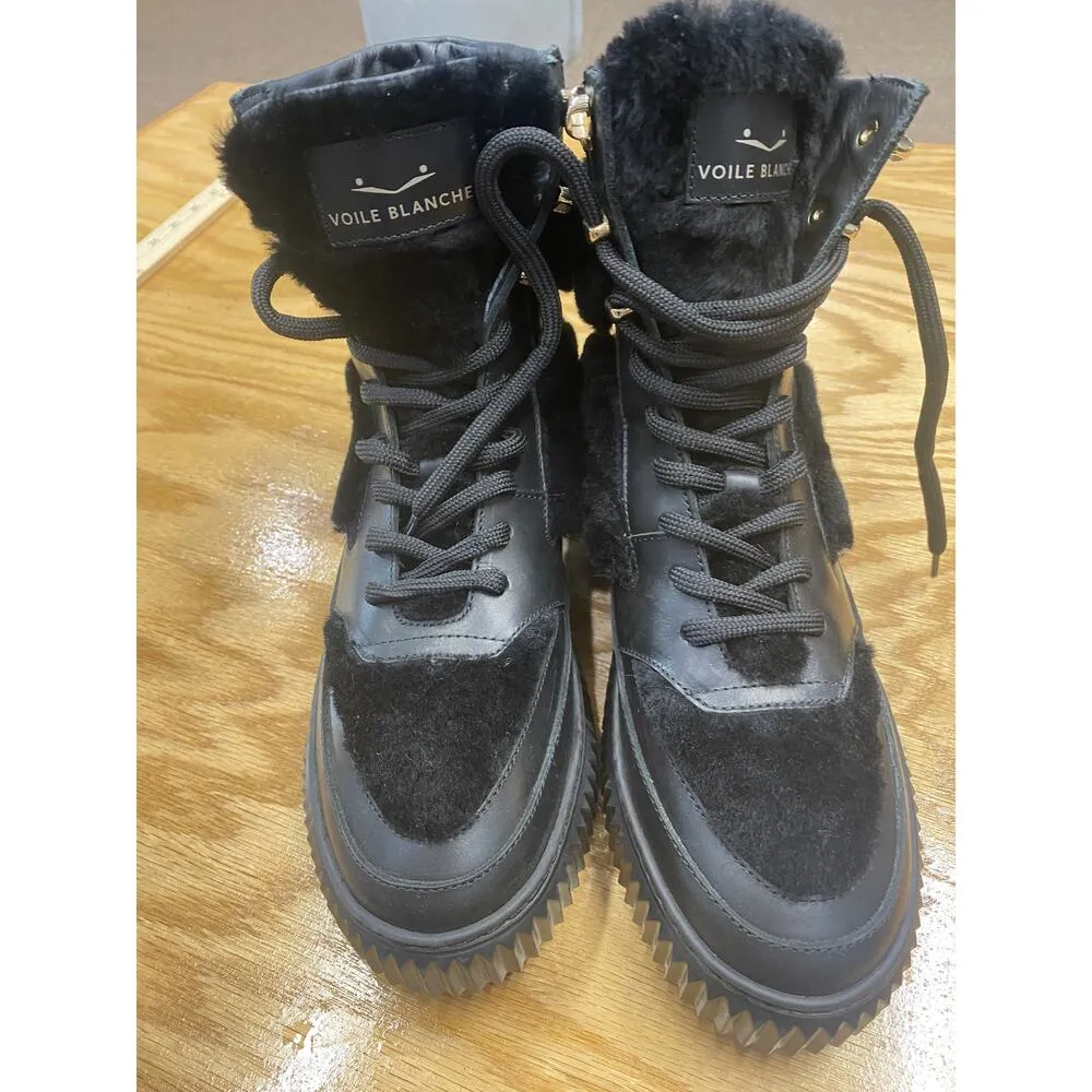 Voile Blanche Womens 38 Black Leather Shearling Lace Up Round Toe Ankle Booties Size 7 - Image 2