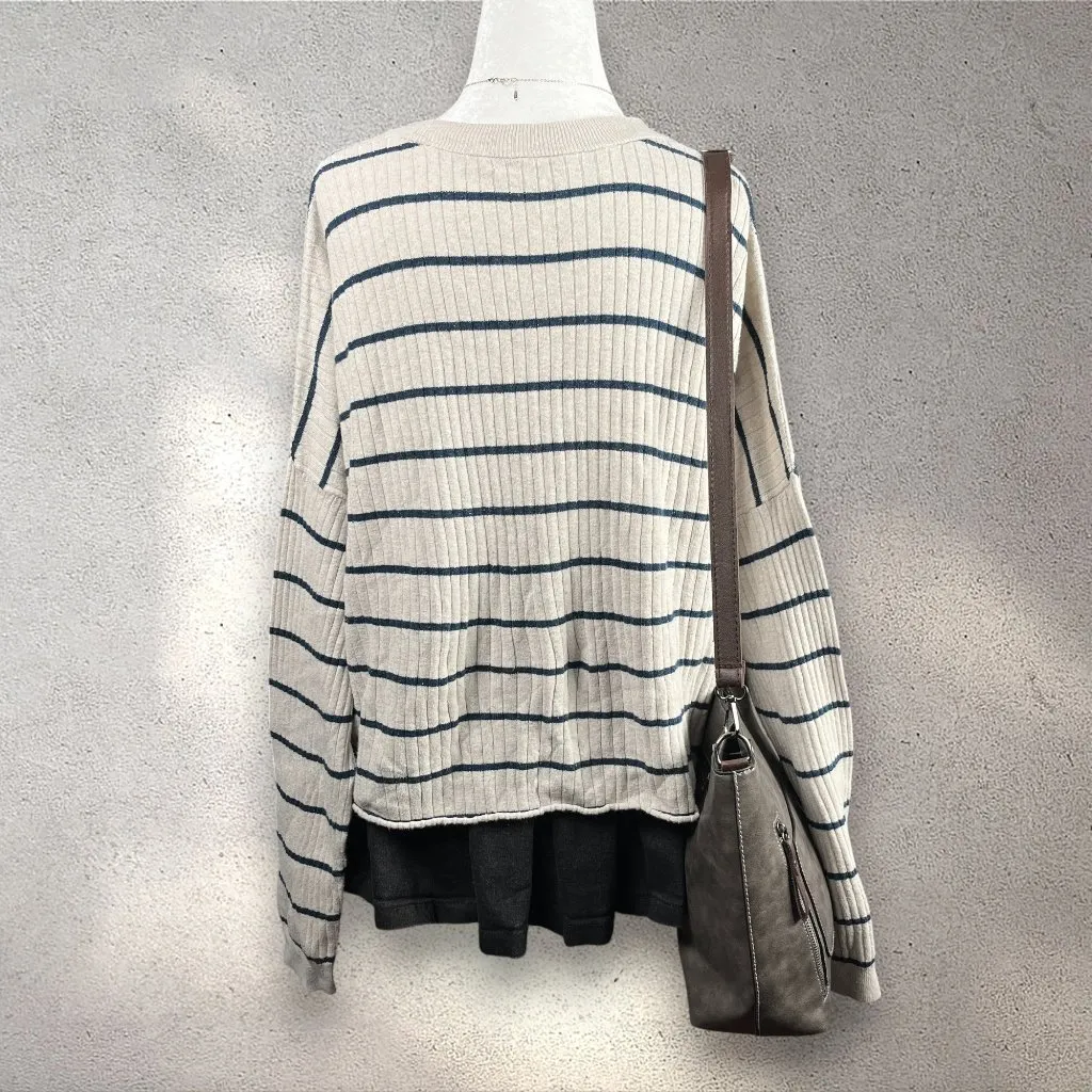 Madewell Lawson Crop Pullover Sweater Women's XXL Striped Cozy Oatmeal Cottage - Image 2