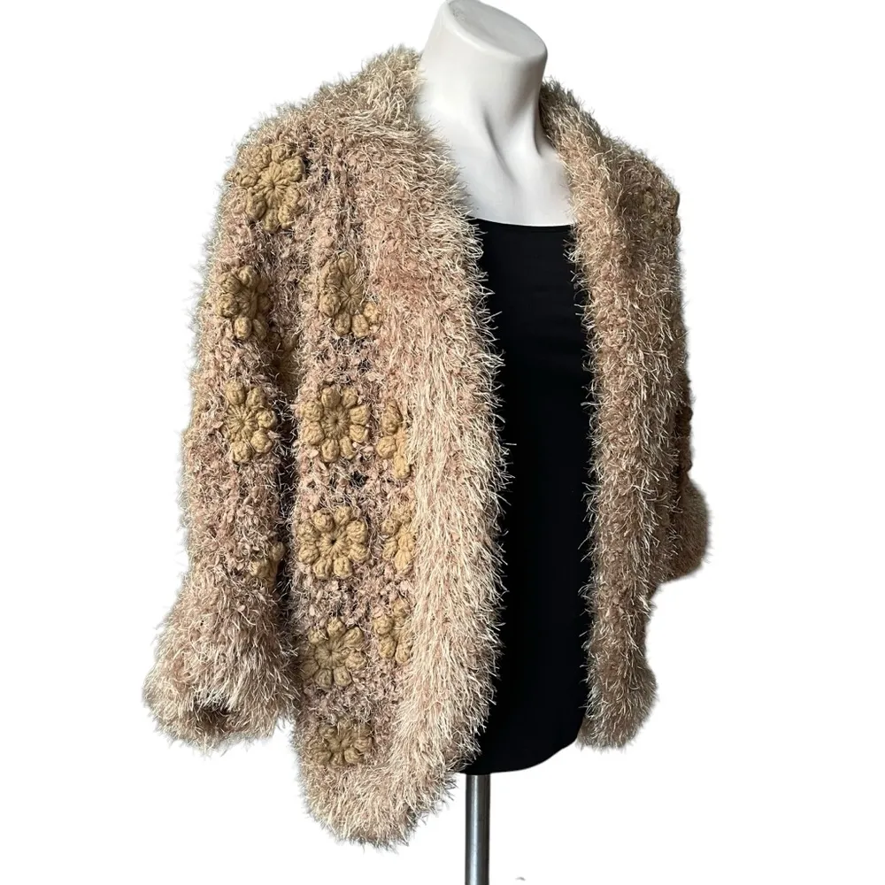 Talk Of The Walk Chunky Knit Crochet Inset Open Front Sweater Cardigan, Sz M Gold Size M - Image 3