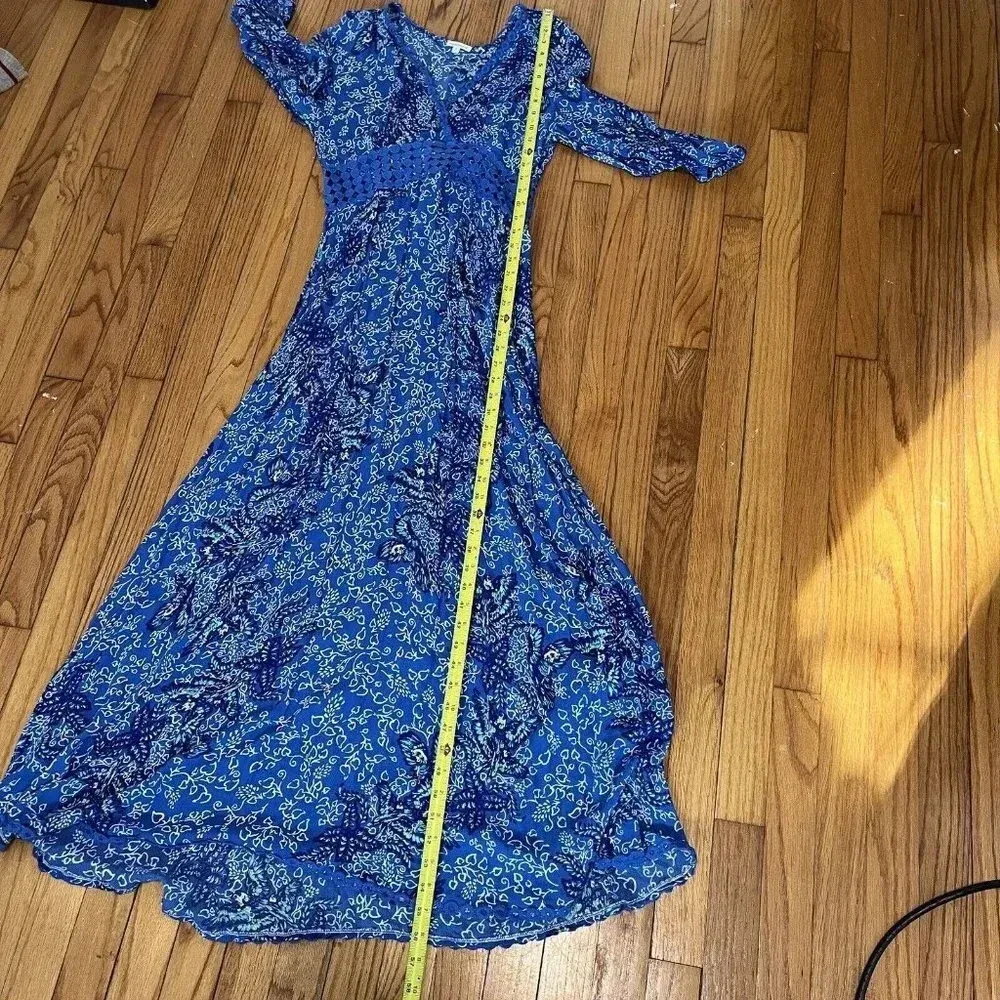 Poupette St Barth Joan Maxi Crochet Waist Dress‎ in Blue Malva Bird Print XS - Image 13