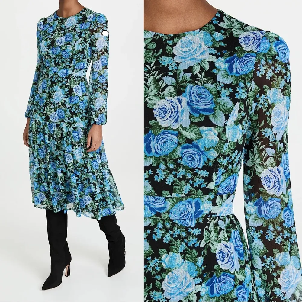 WAYF • Blue Floral Tiered Midi Dress open tie back blouson black rose print - Image 5