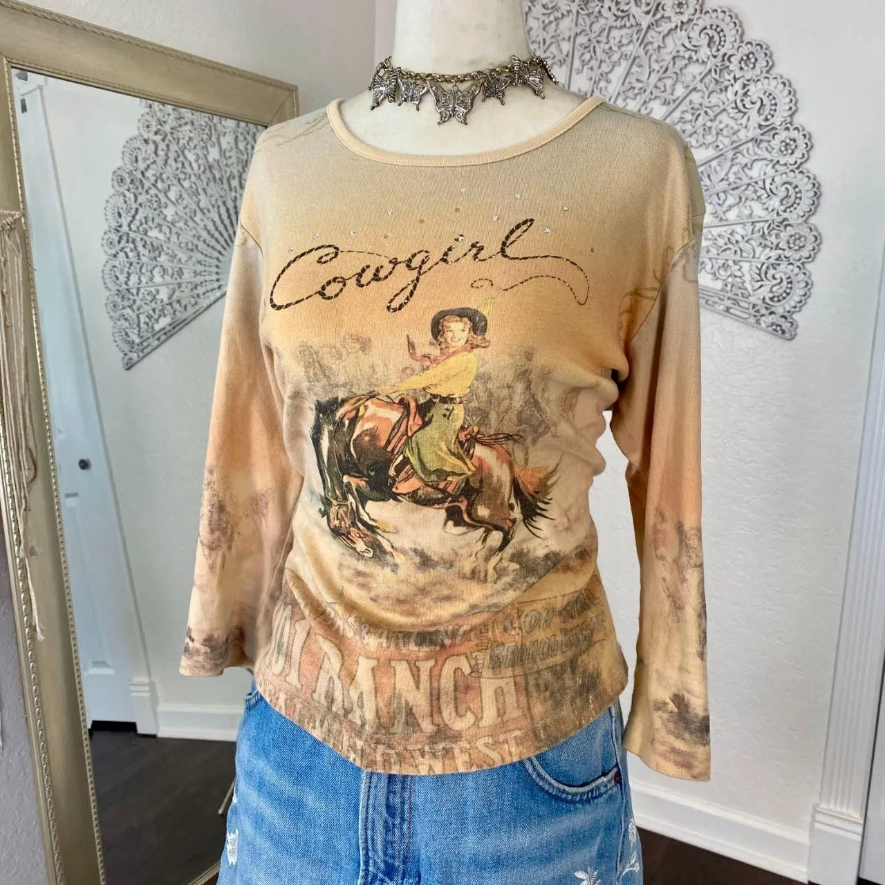 Vintage Tan Brown Early 2000's Western Cowboy Graphic Print Long Sleeve Top L Size L - Image 3