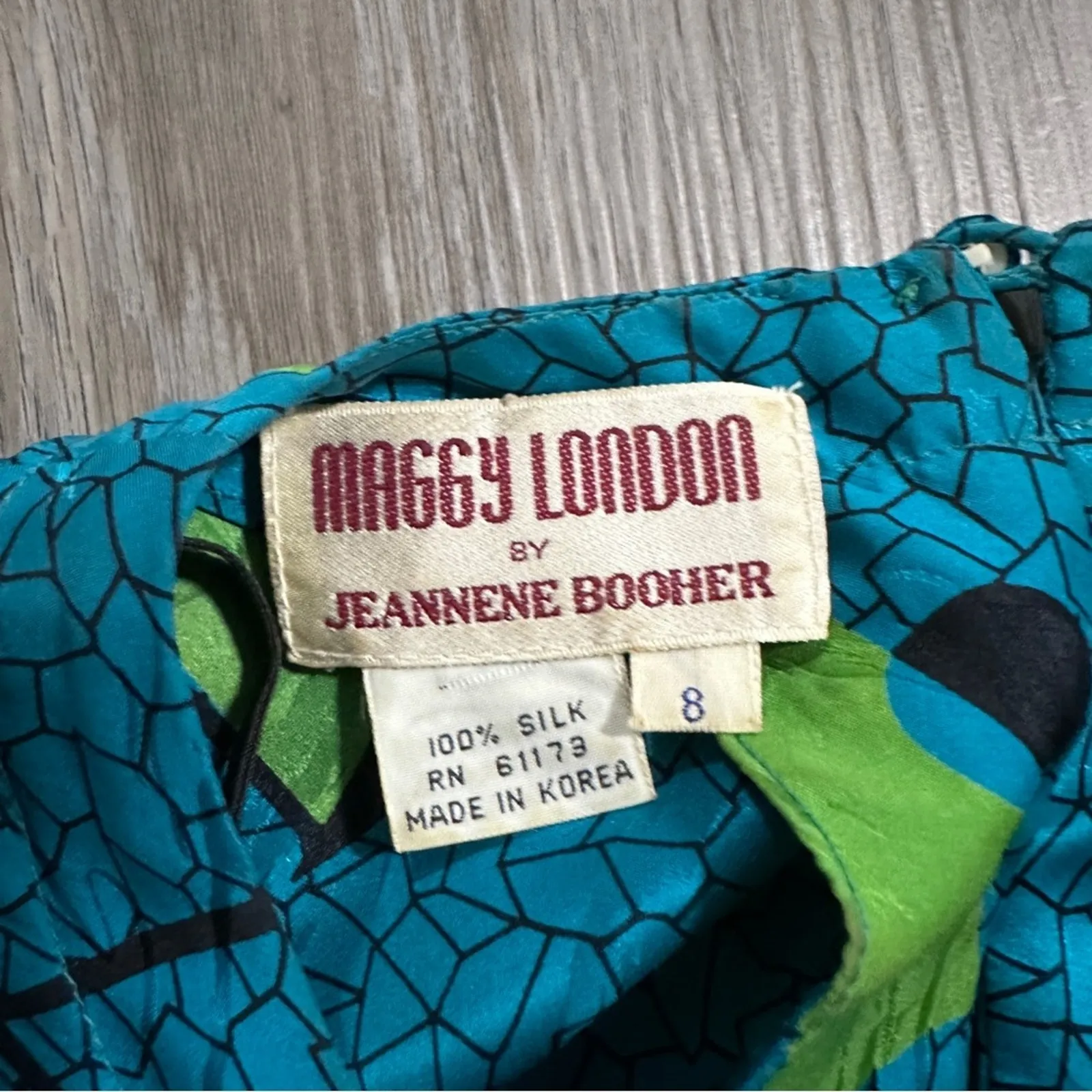 Vintage Maggy London 100% Silk‎ Blue & Green Geometric Tunic Slip Dress Sz 8 - Image 5