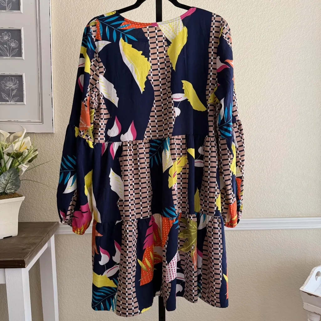 Bold Abstract Print Long Sleeve Tiered Dress Flowing Fit Vibrant Multicolor - Image 2