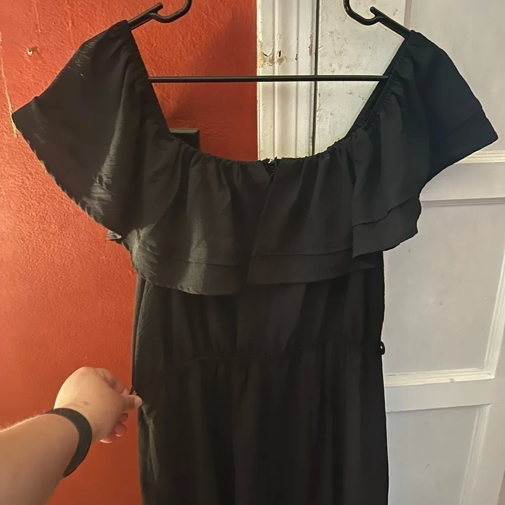 HYFVE Off the Shoulder Ruffle Black Wide Leg Romper Pantsuit - Image 3