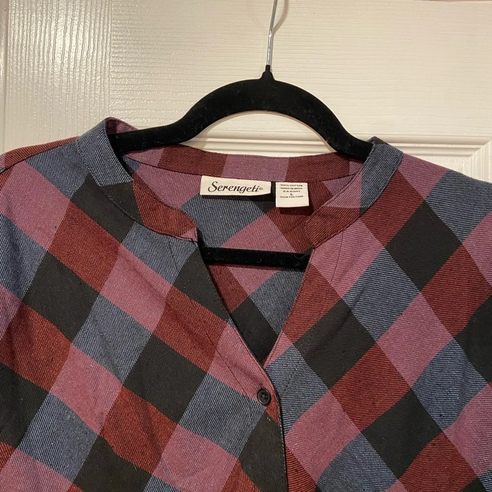 NWOT Serengeti Size L Long Sleeve Black Burgundy Check Flannel Button Mini Dress Size L - Image 3