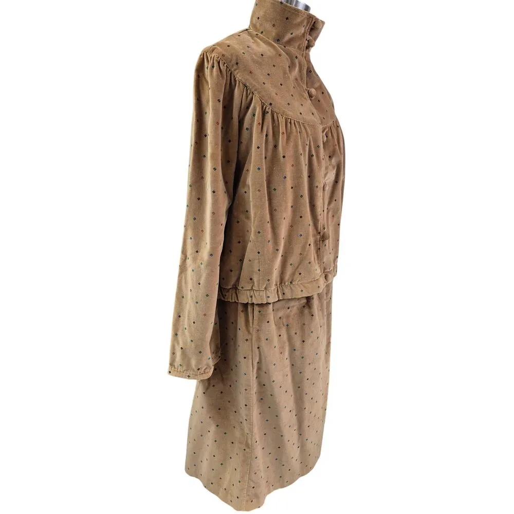 Vtg 80s Sandy Chrysler California High Neck Skirt Suit Plush Brown Confetti M/L Size M - Image 2
