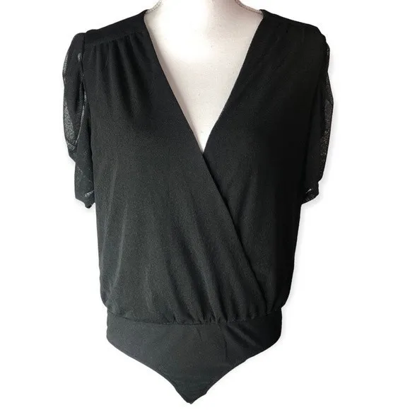 Ember Black Sheer Wrap Front Cap Sleeve Bodysuit Size M - Image 6