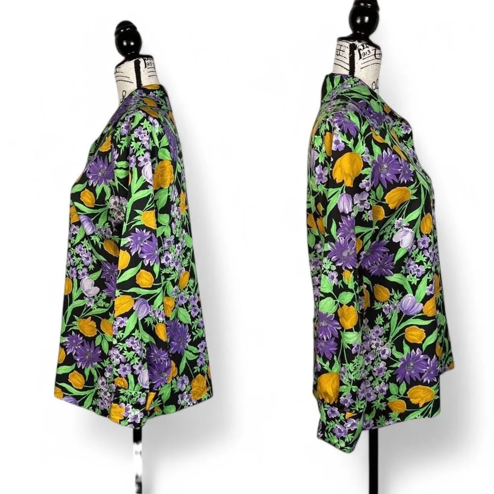 1970s Floral Print Blouse Le Soft Shirt Lady Manhattan Glows in UV Blacklight Orange Size 14 - Image 4