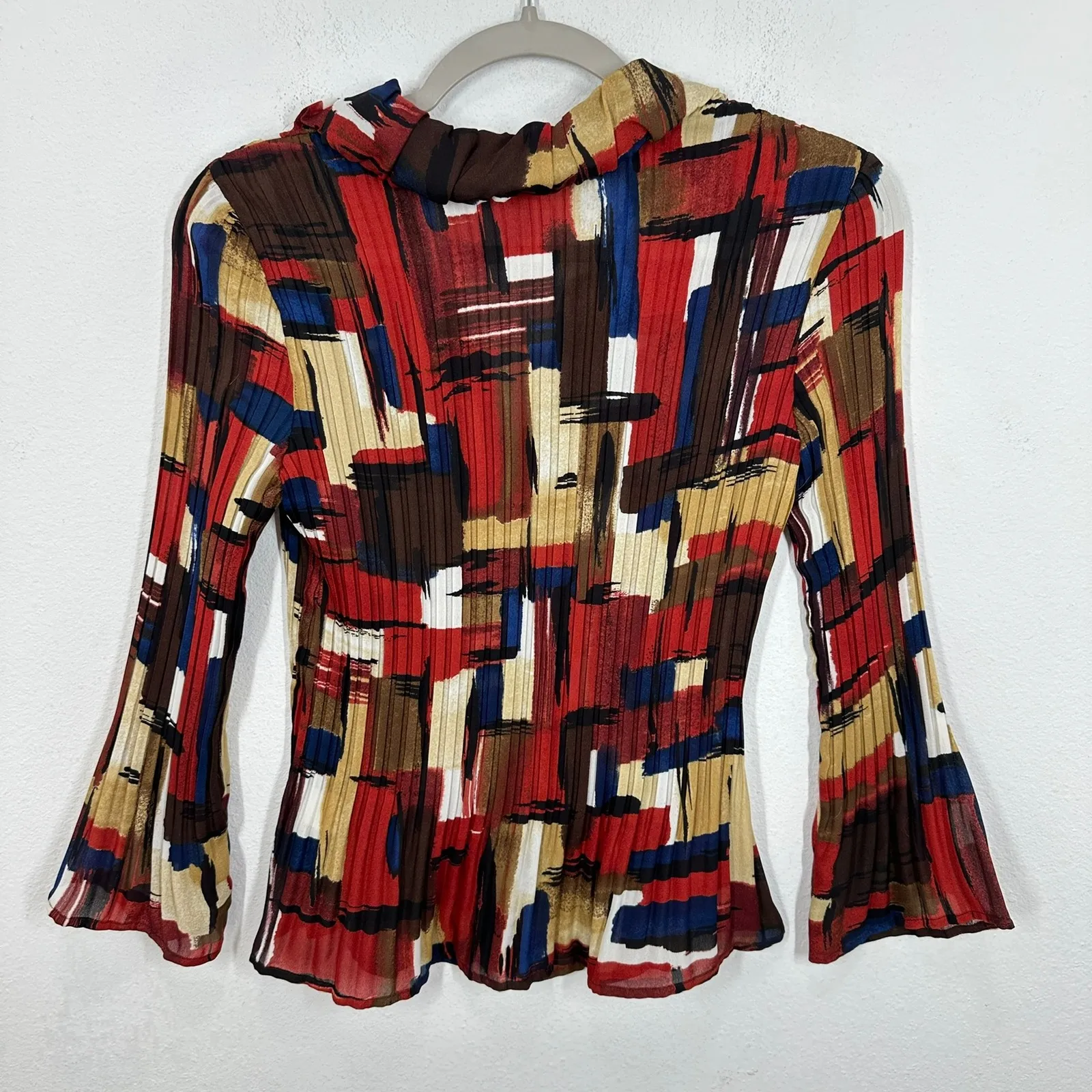 Vintage Allison Taylor Petite Geometric Abstract Pleated Flared Sleeve Button Up - Image 7