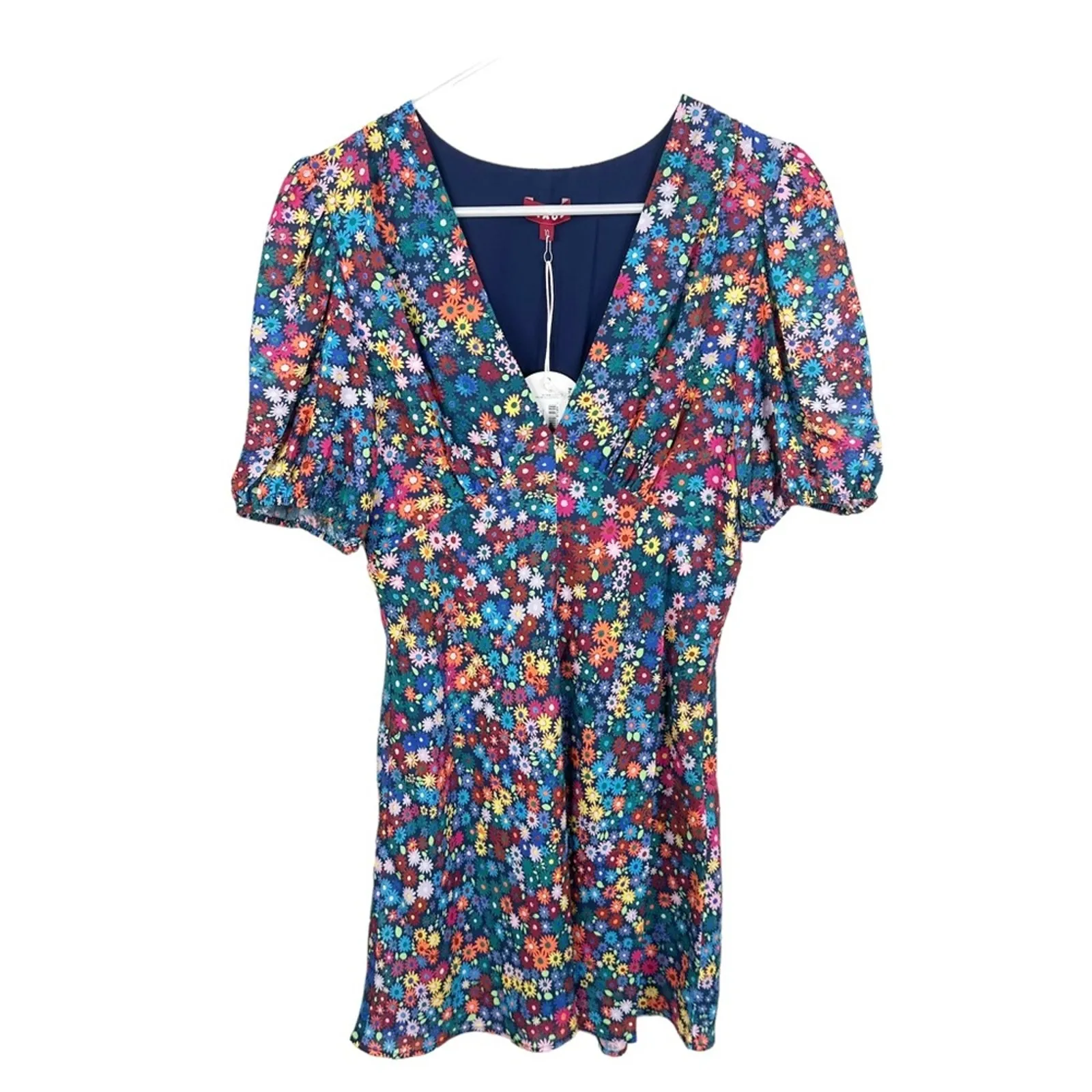 NWT Staud Size 10 Milla Rainbow Flower Print Puff Sleeve V Neck Mini Dress - Image 6