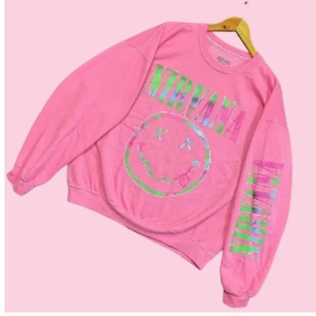 NWOT Nirvana Women's Preppy Smiley Face Crewneck Sweatshirt pink  XL - Image 3