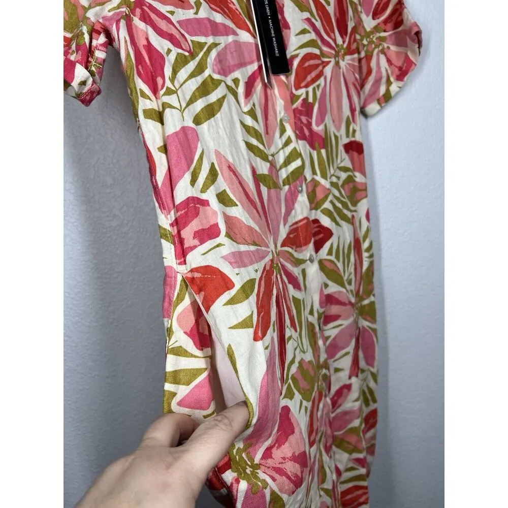 Nicole Miller Washable Linen Tropical Floral Button Shirt Shift Dress Small - Image 3