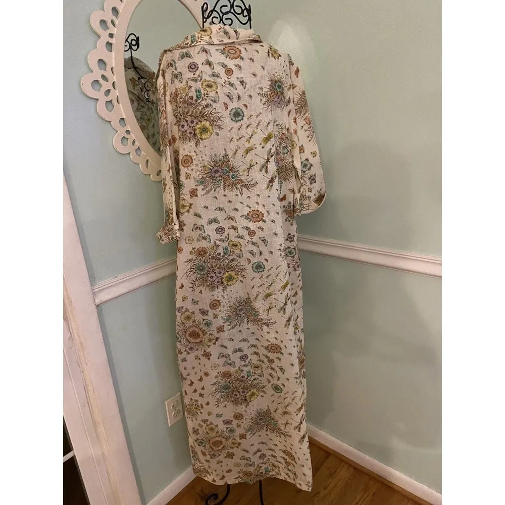 Vtg Styled By Saybury House Dress House Coat Linen Dragonfly Floral Half Zip M Size M - Image 2