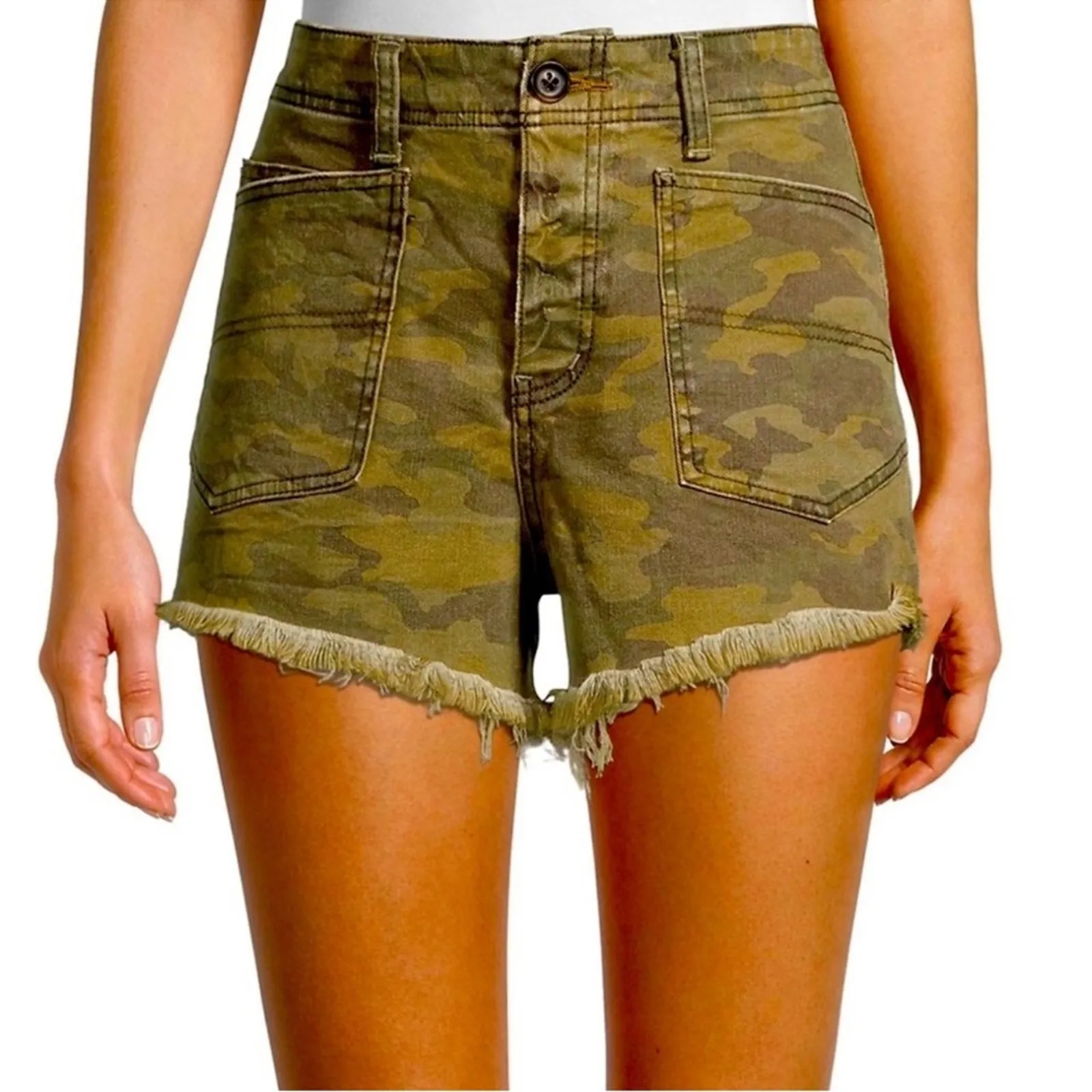 Free People Green Camo Denim Santa Cruz Shorts - Image 3