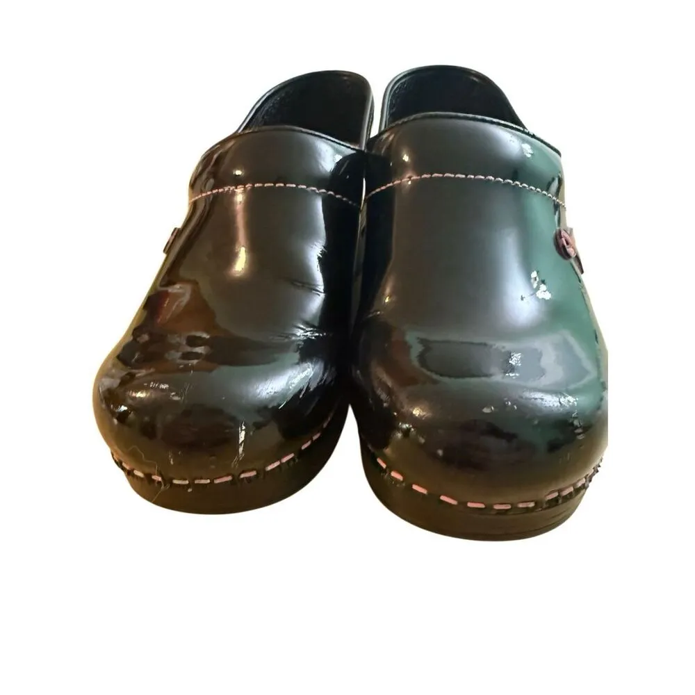 Dansko Black Patent Leather Nursing Clogs Womens Pink Breast Cancer Awareness Ri - Image 8