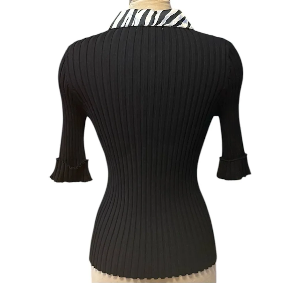 Belldini Vintage Sweater Black Ribbed Top Zebra Rhinestone Zipper L Large - Image 3