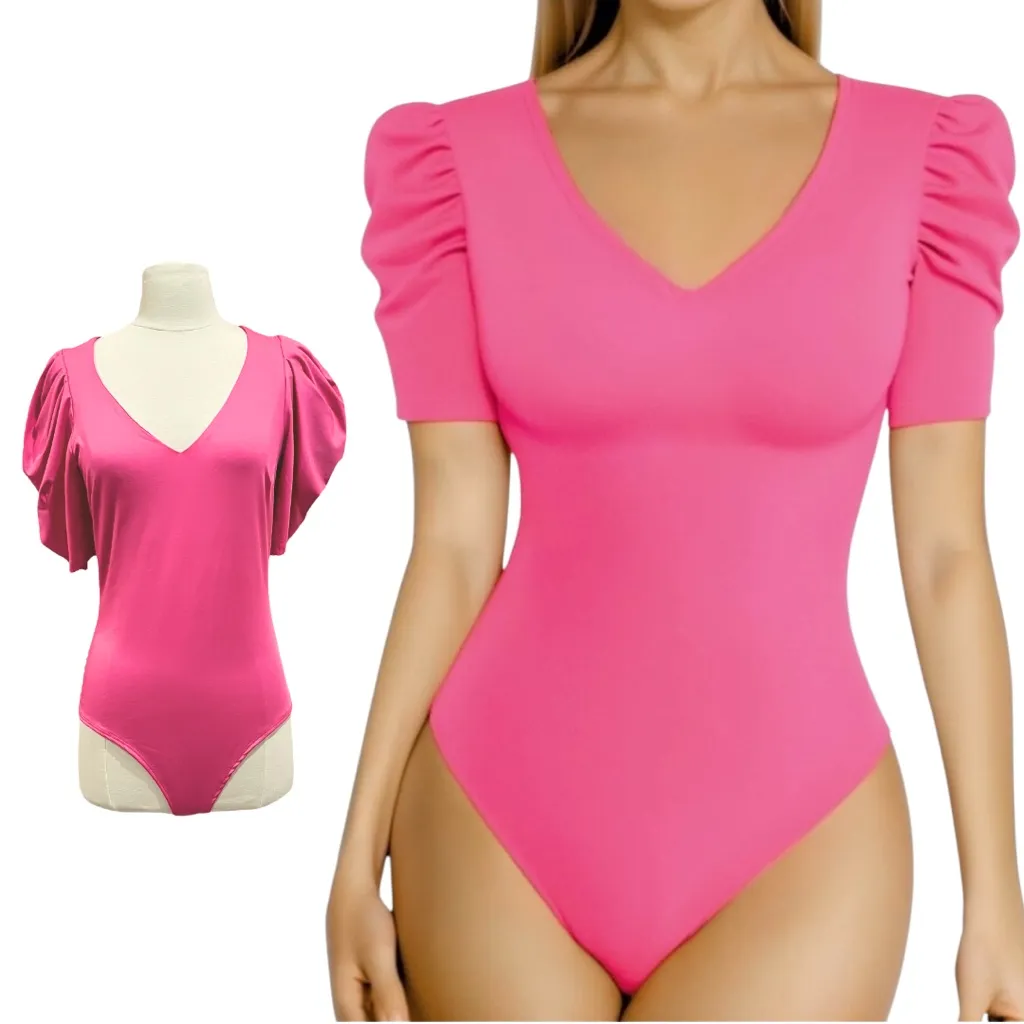 Live in the Moment Pink V Neck Puff Sleeve Bodysuit Size Large - Image 2