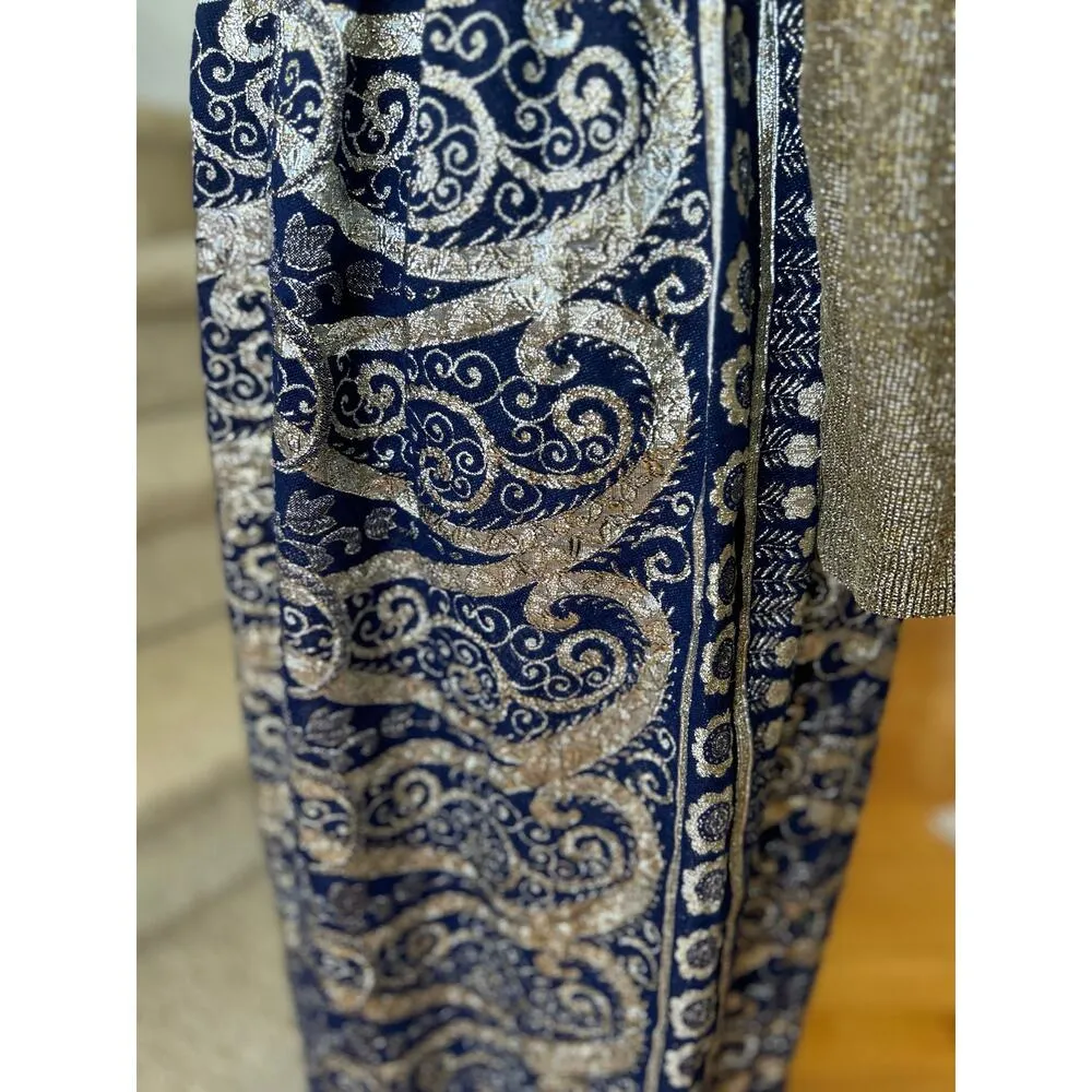 Vintage 60s/70s Metallic Gold & Navy Brocade Turtleneck Hostess Maxi Dress - Image 4
