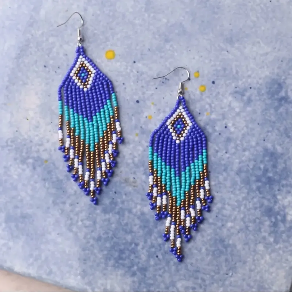 Rhombus Shape Colorful Beaded Tassel Dangle‎ Earrings Bohemian Ethnic Style Blue - Image 8