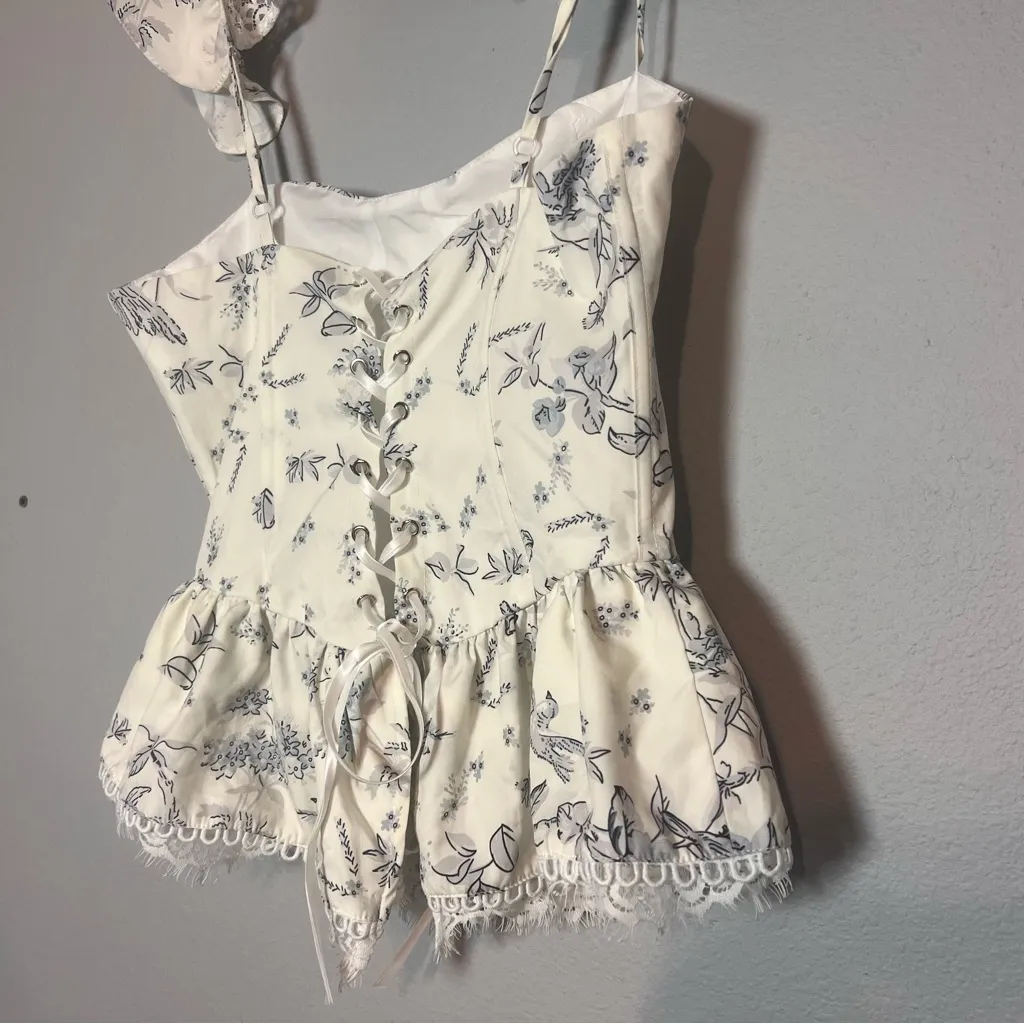 Corset Babydoll Tank Top Ruffles Cream Blue Size Medium Floral Birds Cottagecore White - Image 6