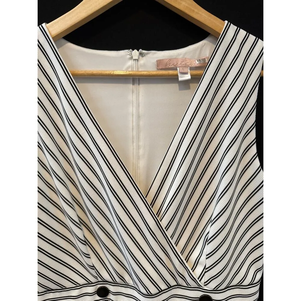 Women’s Hutch Mini Sheath Asymmetrical V-Neck Stripe Dress Black White Sz L - Image 2
