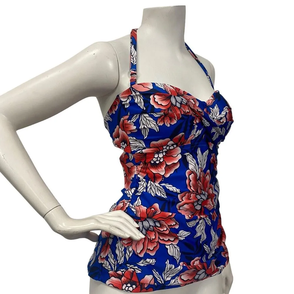 Clean Water Womens Small Blue Floral Print Halter Tankini Swim Tank Top Padded - Image 3