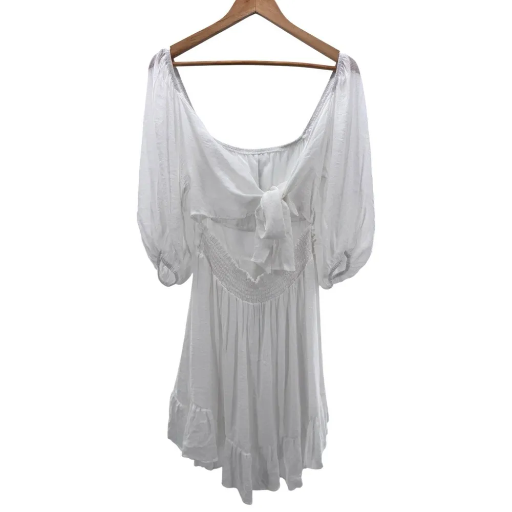 White Puff Sleeve Tie Back Ruffle Hem Mini Dress Medium Coastal Cowgirl Romantic - Image 5