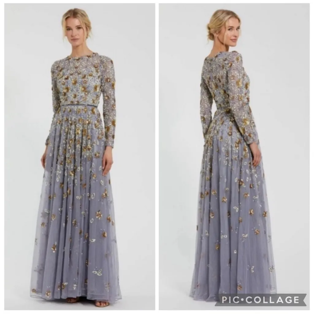 Mac Duggal 5533 Beaded Sequins Long Sleeve Gown Platinum Gold 18 - Image 2