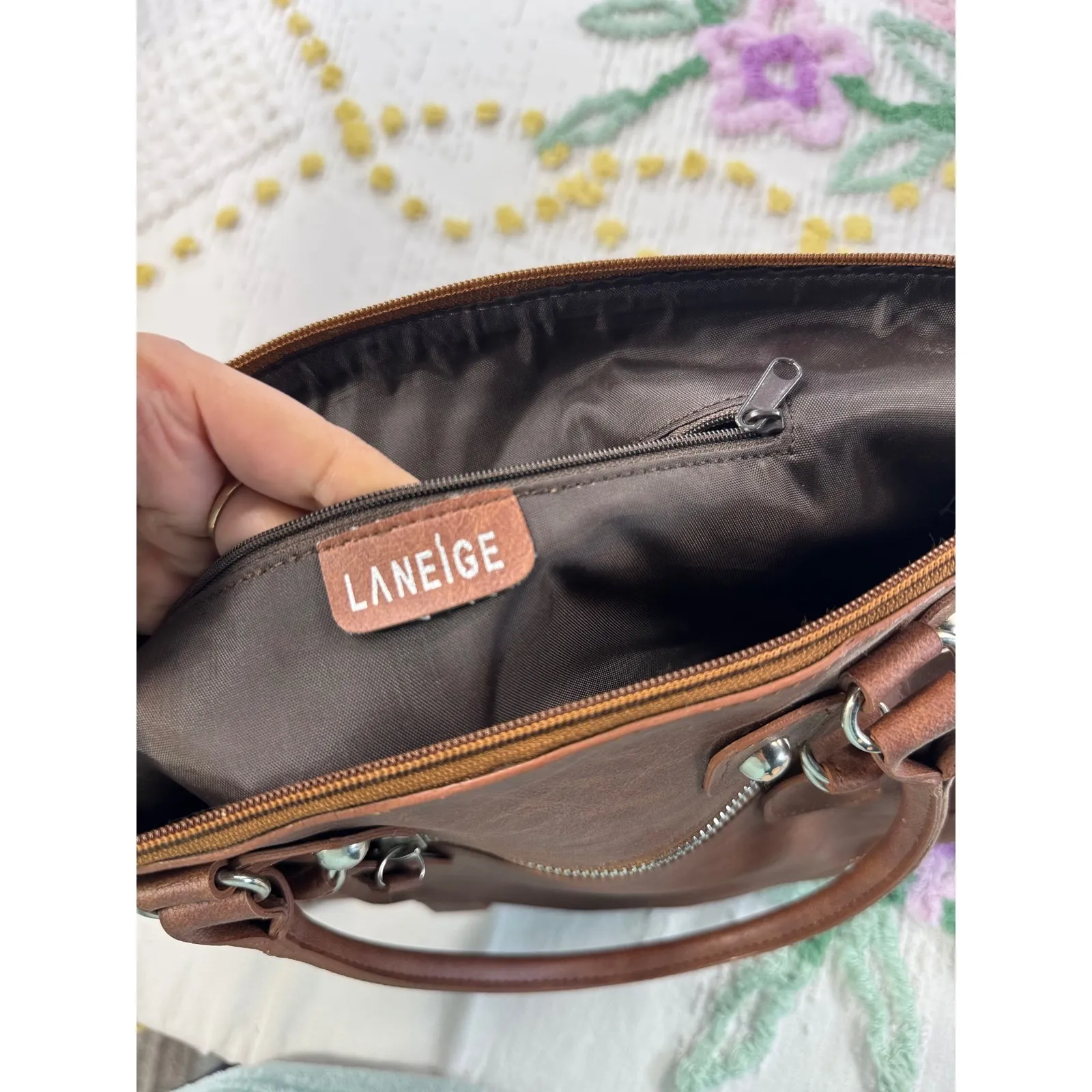 LANEIGE Brown Faux Leather Satchel Bag Tote Top Handle Purse - Image 8