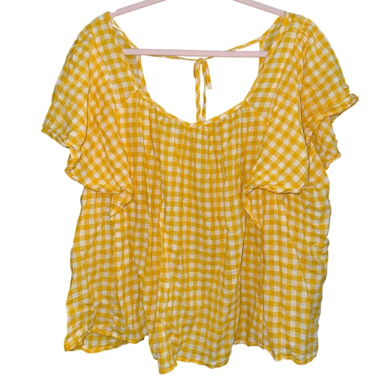 Old Navy Womens 3X Gingham Flutter Sleeve Linen Blend Top Yellow White - Image 3