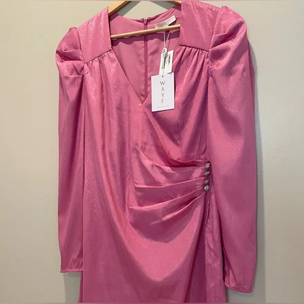 $249 WAYF Womens Pink Surplice V-Neck Puff-Sleeve Faux-Wrap Jacquard Dress - Image 2