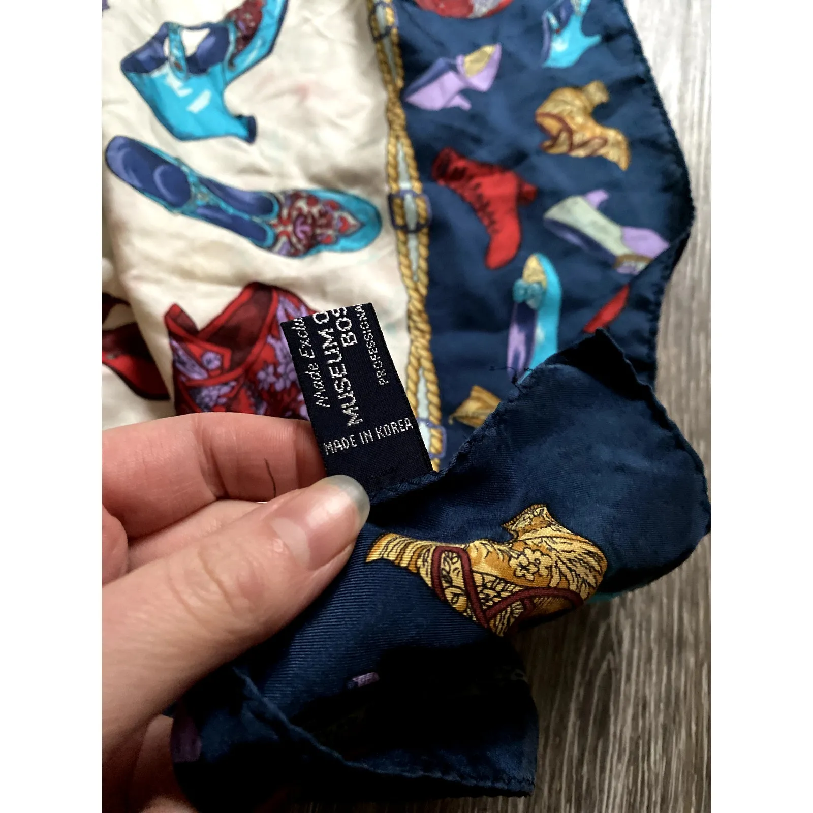 Vintage Silk Scarf Whimsical Boston Art Museum Shoe Print Coquette Soft Glam Red Blue - Image 7