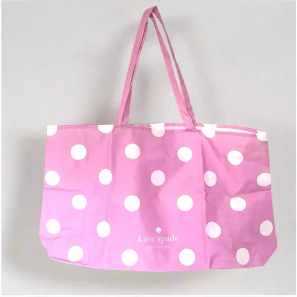 NEW Kate Spade XL Canvas Reusable Shopper Foldable Tote Pink White Polka Dots - Image 2