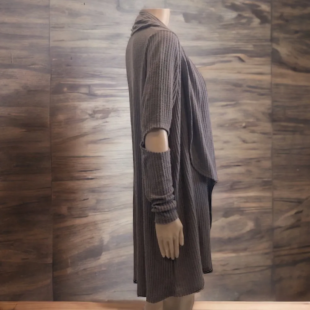 Mono B Brown Waffle Textured Cutout Open Front Cardigan Jacket Thumb Holes Small - Image 9