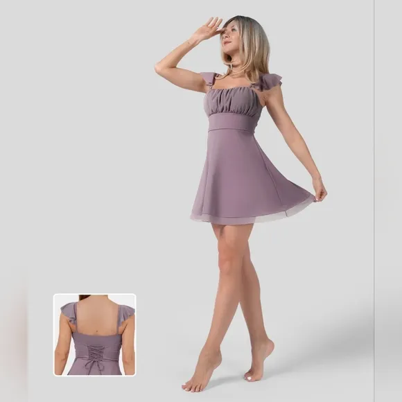 NWT Halara Softlyzero Airy Ruffle Lace Up Contrast Mesh Flare Dress Elderberry S - Image 2